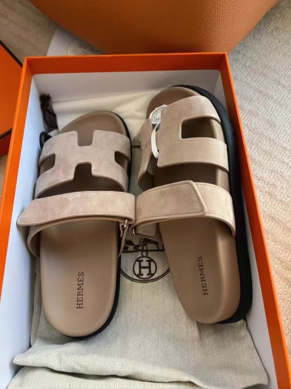 Hermès Chypre Suede Thick‑Cushion Velcro Slides